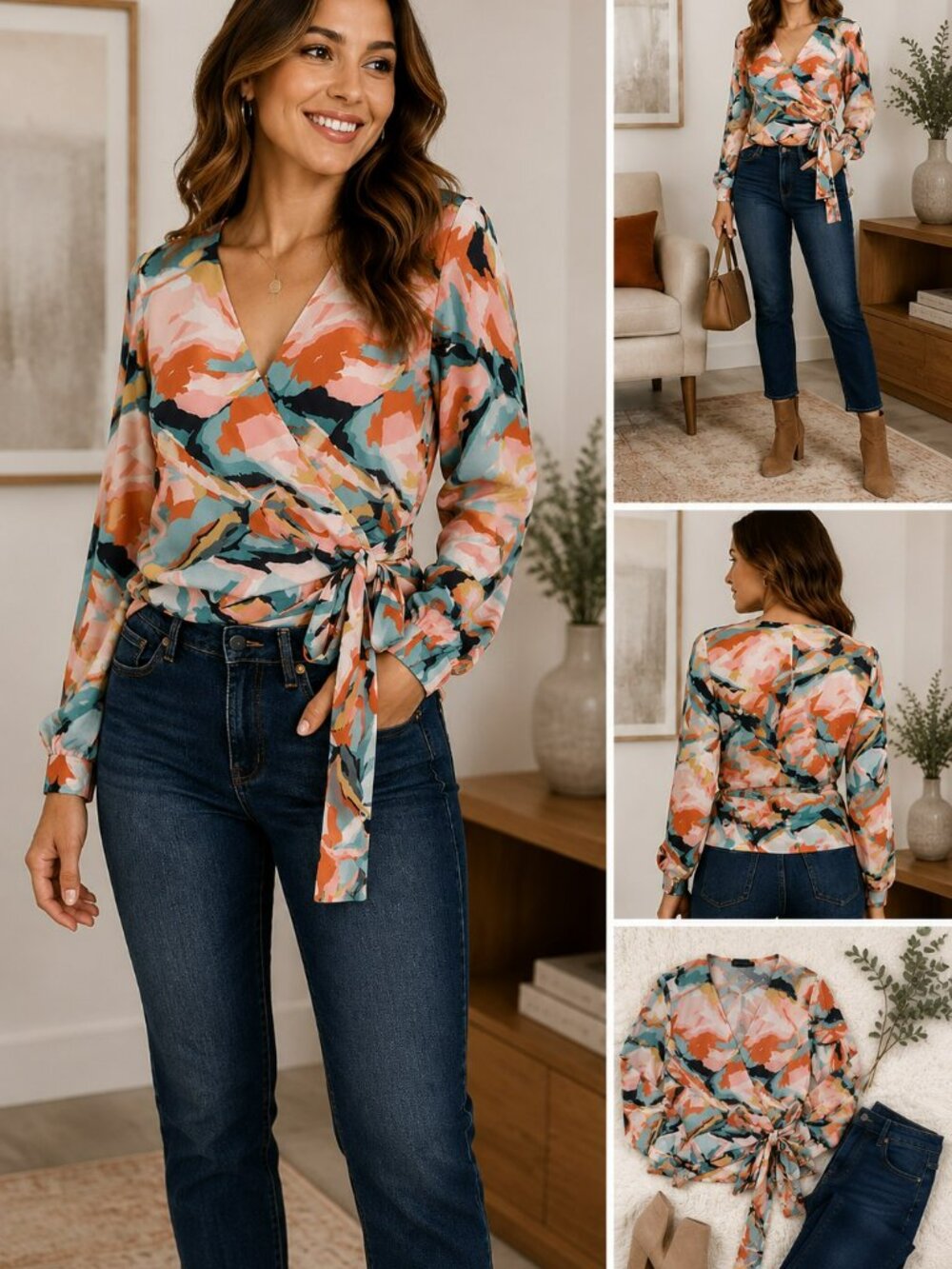Bar III Abstract Floral Wrap Blouse Small Tie Waist Fall Work Date Night